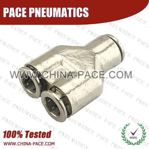 Union Y Nickel Plated Brass Push To Connect Fittings, All Metal Push To Connect Fittings, All Brass Push In Fittings, Camozzi Type Brass Pneumatic Fittings